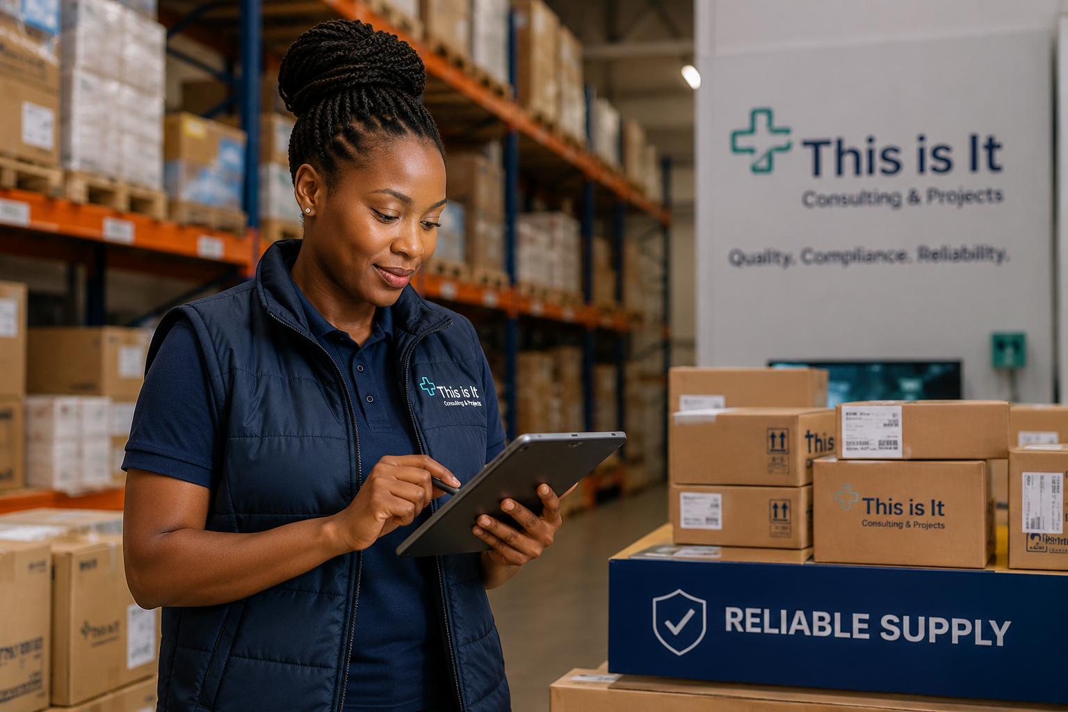 Healthcare distribution specialist checking stock in a warehouse